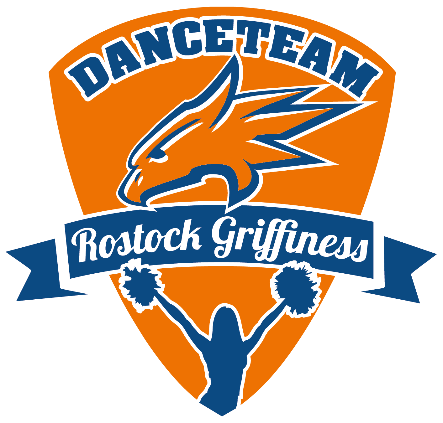 Hauptsponsor der Rostock Griffiness: Küchenstudio Ein Logo mit einem Schild mit dem Text „Danceteam Rostock Griffiness“, einem orangefarbenen Greifkopf und der Silhouette einer Cheerleaderin mit blauen Pompons.